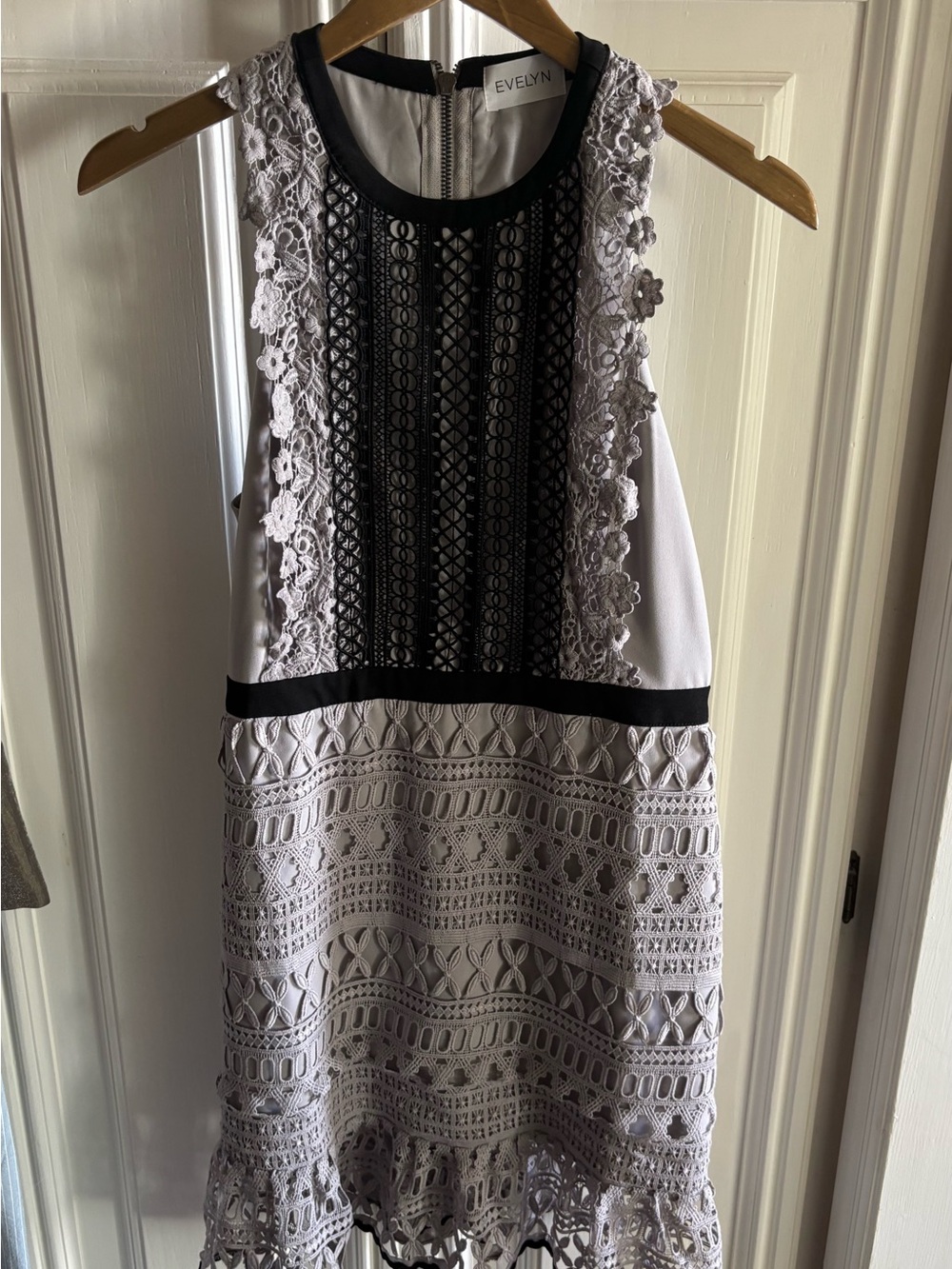 Gray Lace Overlay Dress with Black Trim